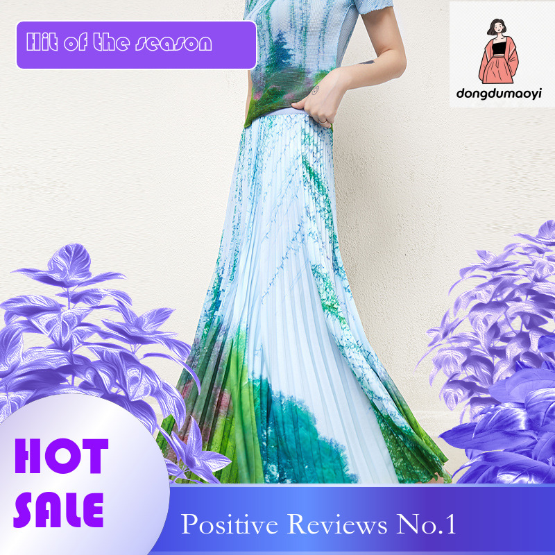 dongdumaoyi Wrinkle Fashion Top Short Sleeve Chiffon Landscape Printed Design Age Reducing T-shirt Half Skirt Two Piece Set for Women