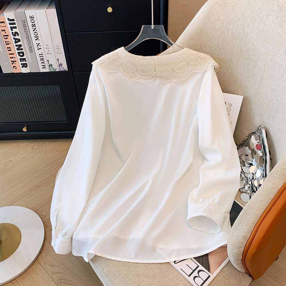 Plus-size Women's Fall Casual Commute Loose comfortable shirt White solid color simple doll collar button lace long-sleeved top