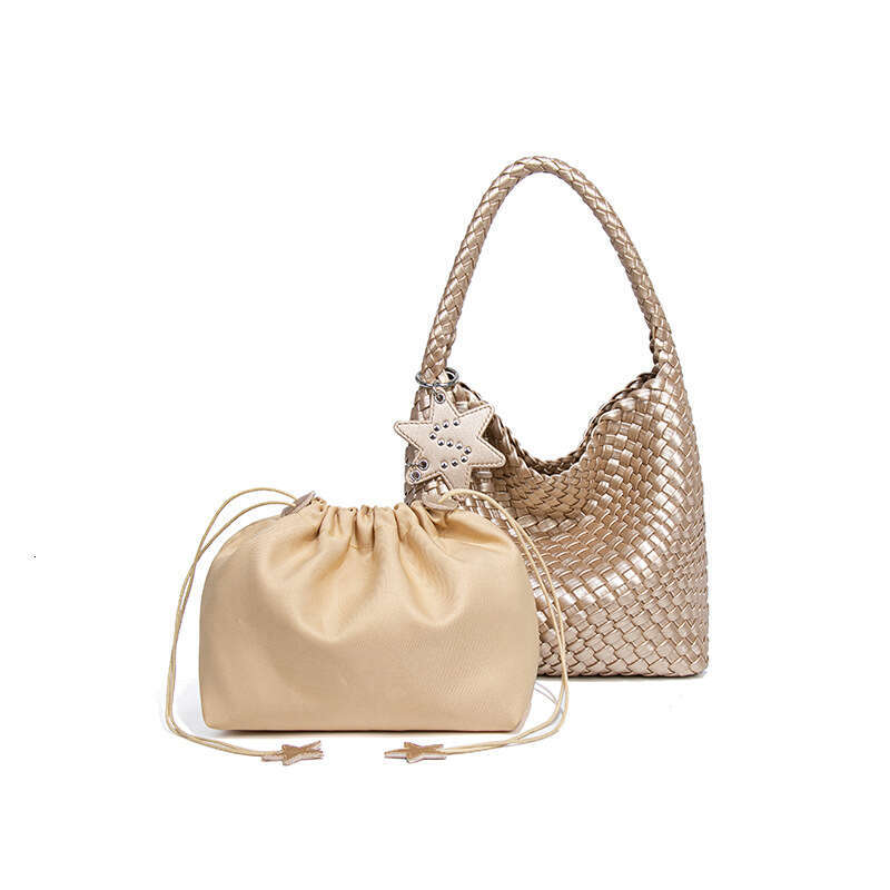 Tote Bag Live Streaming New High End Versatile Champagne Gold Woven Tote For Women Large Capacity Commuting Bucket Bag Hand Held Shoulder Bag KQ