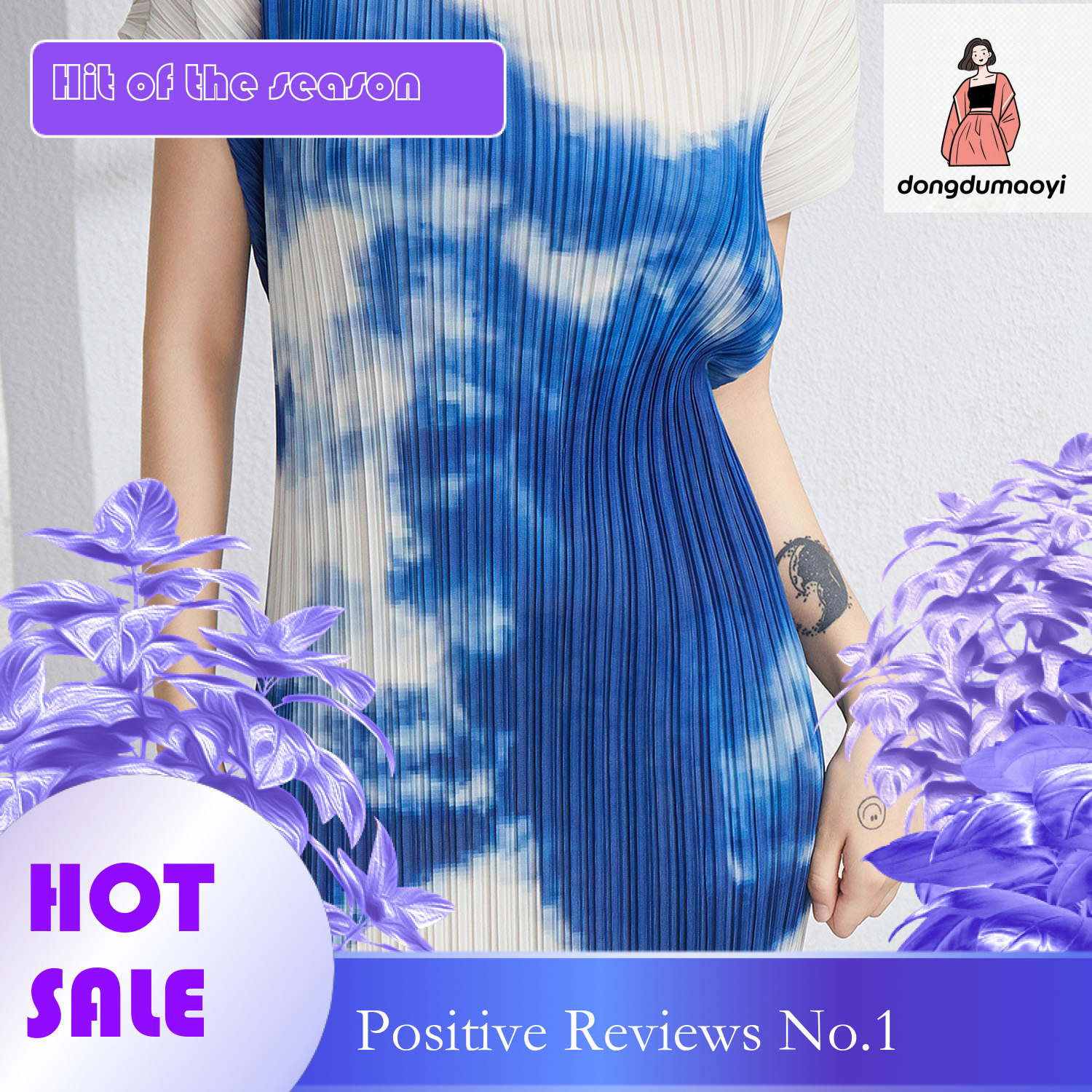 dongdumaoyi Miyake blend dress women s summer round neck short sleeved loose lace up mid to fashion versatile pleated long skirt