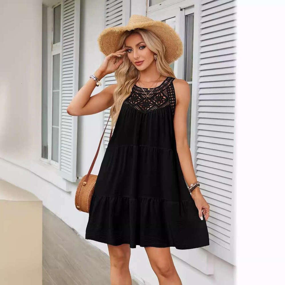Women Clothes Dress Women S Spring And Summer Hollow Lace Splicing Hanging Neck A Line Dress KQ