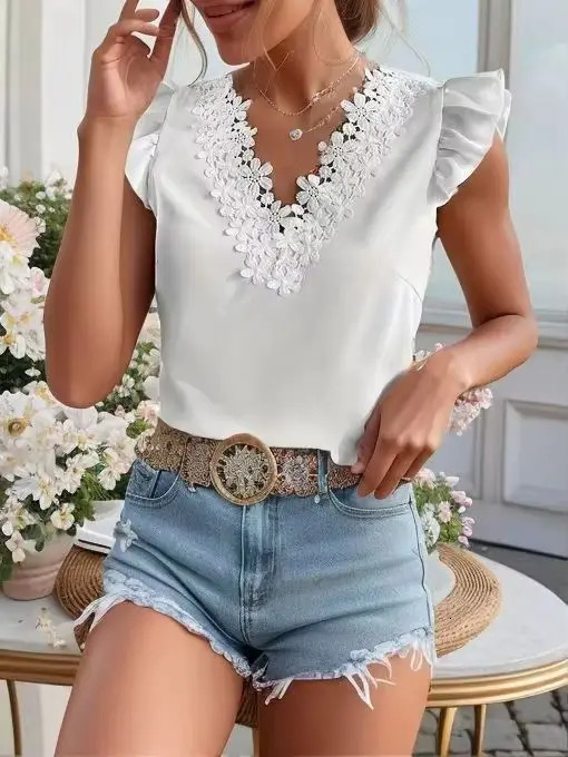 summer white chiffon shirt flying sleeves bottoming womens outer wear slim sleeveless lace stitching short 250514