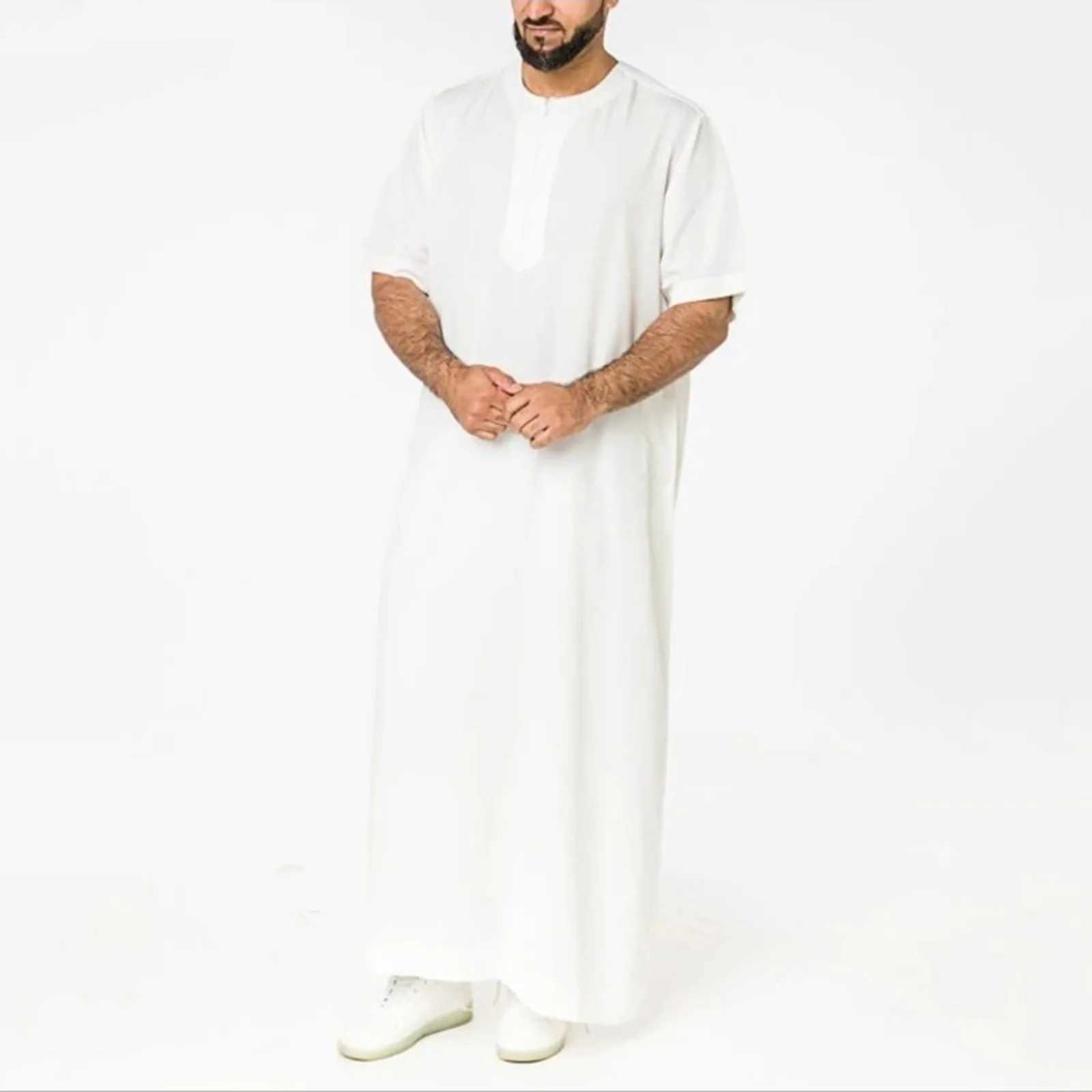 Breathable Loose Muslim Basic Shirt Mens Casual Solid Round Neck Zipper Muslim Robe Short Sleeve Jubba Thobe Ropa De Hombre X250514