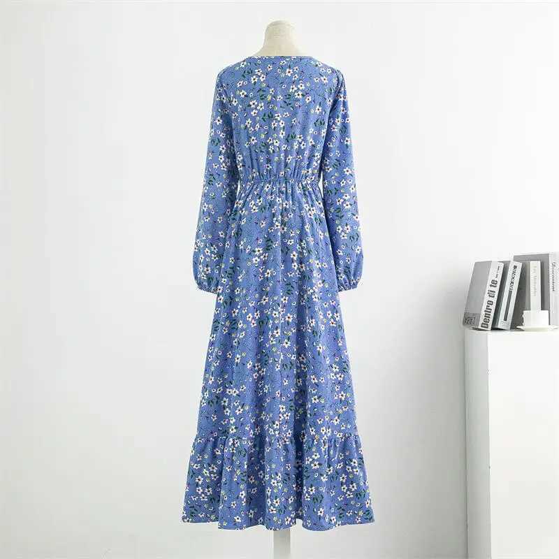 Spring Autumn Women Chiffon Dresses Casual Floral Printed Bark Crinkling Long Dresses O-neck Long Slve Loose Muslim Maxi Dress X250514