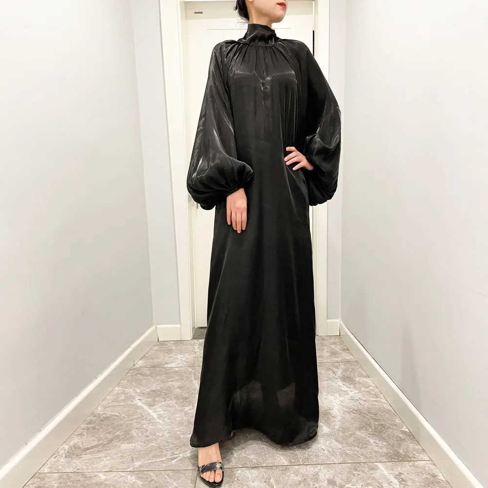 Fashion Muslim Women Lantern Slves Bow Tie Neck Maxi Party Dress Dubai Abaya Ramadan Eid Islamic Clothing Saudi Arabic Kaftan X250514