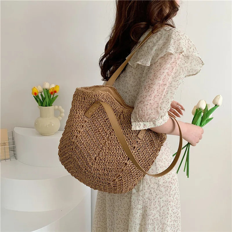 Summer Straw Bags for Women Shoulder Rattan Woven Top Handle Bag Hollow Raffia Crochet Beach Casual Handbags 250514