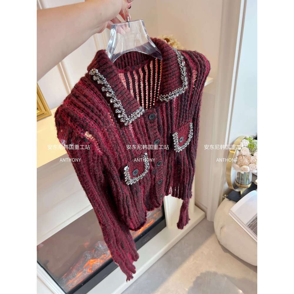 Retro Red Dia Knitted Cardigan Women Autumn Rhinestone Lapel Long Sleeve Hollow Out Short Sweater Temperament