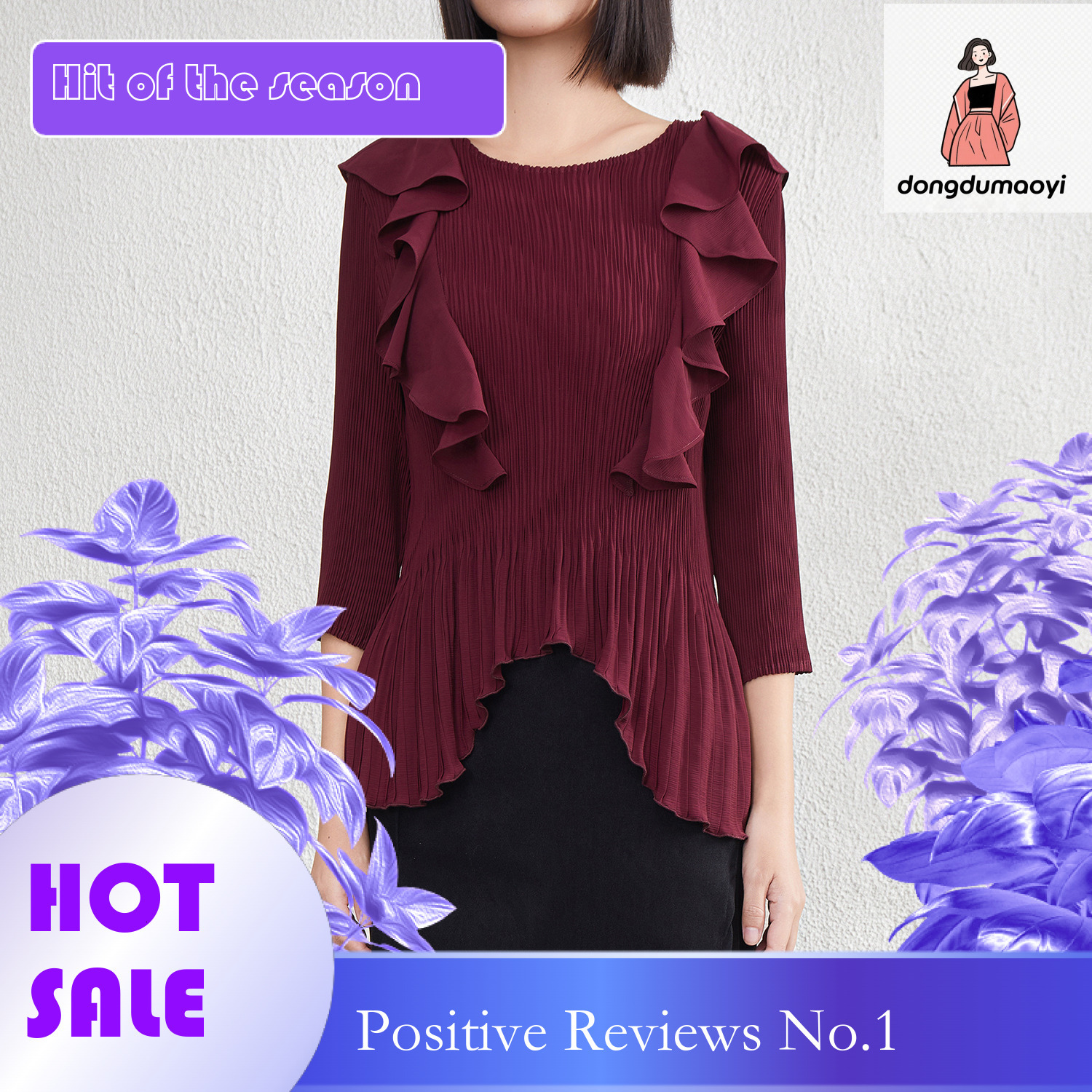 dongdumaoyi Sweet fungus edge cinched waist round neck seven quarter sleeve top, new design sense, temperament pleated T-shirt, chiffon shirt