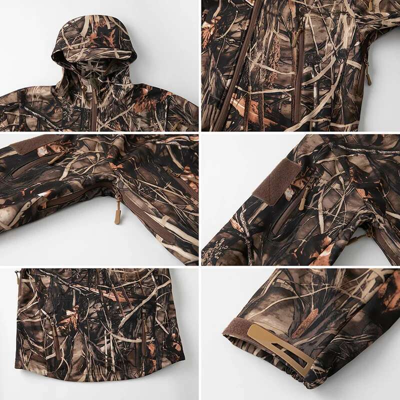 Men's Silent Soft Shell Camouflage Tactical Jacket Waterproof Warm Fleece Hunting Jackets Outdoor Hiking Fishing Hooded Coat Designer