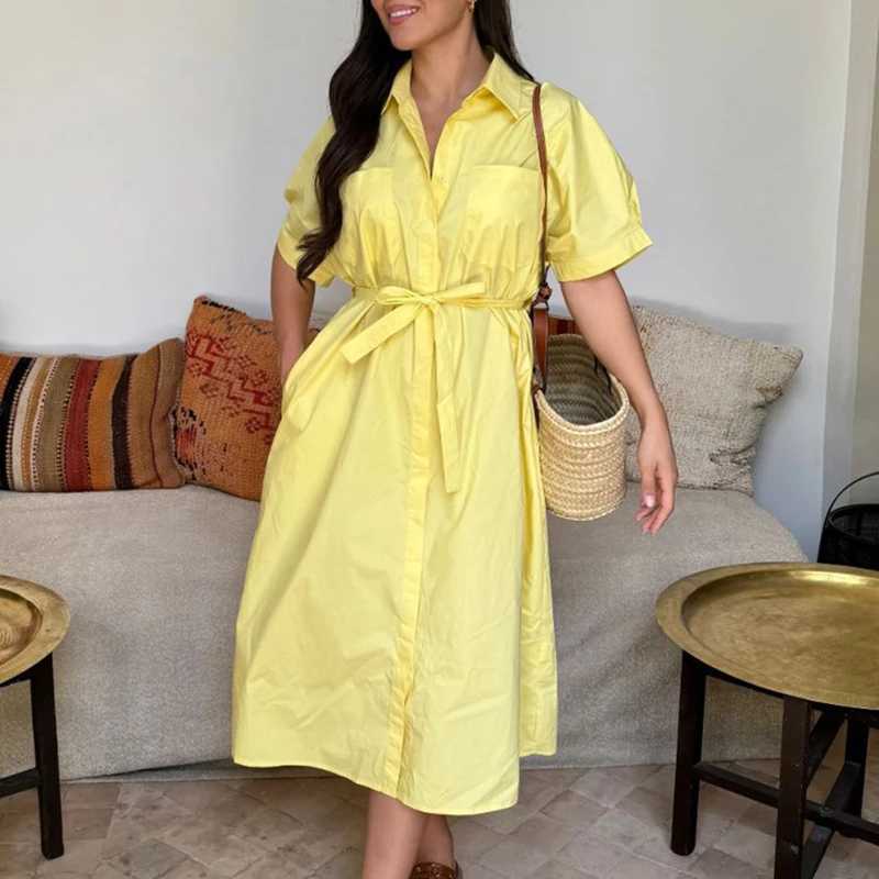 Summer Casual Lapel Tie Up Shirt Dress Retro Short Sleeved Commuter Womens Dress Elegant Single Breasted Solid Color Long DressXJ250514