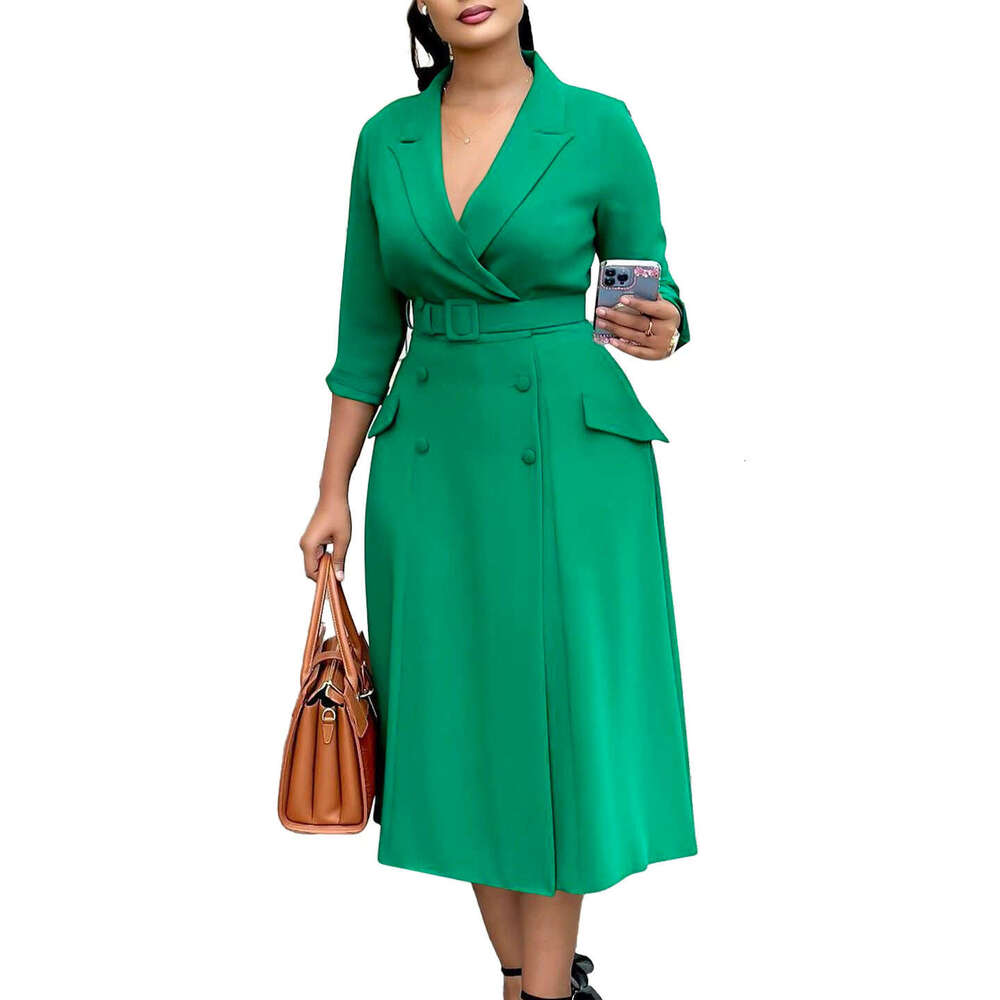 Women's Wear Women's Fashion Temperament Double Breasted Suit Collar Solid Color Mid Length Dress
