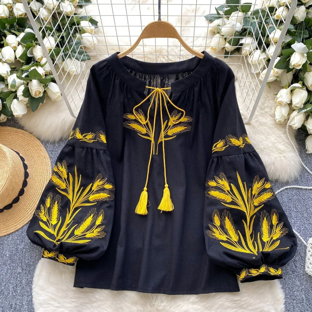 Neploe Vintage Heavy Ethnic Style Panelled Shirt Lace Up O Neck Embroidery Lantern Blouses Western Loose Casual All-match Blusas 250513