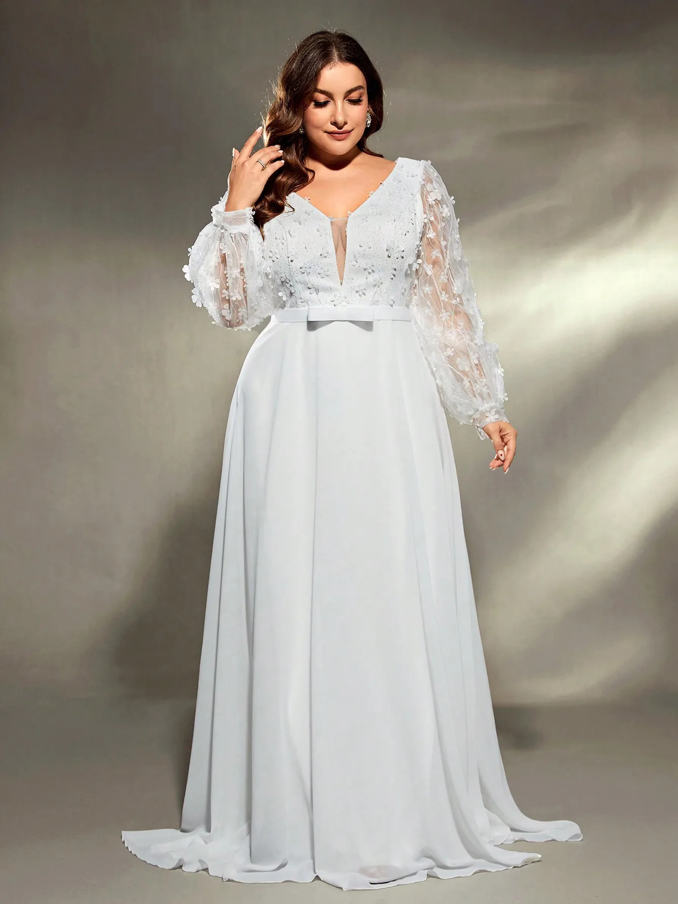 Mgiacy plus size Vneck threedimensional embroidery chiffon train wedding dress Evening gown Ball Party 250506