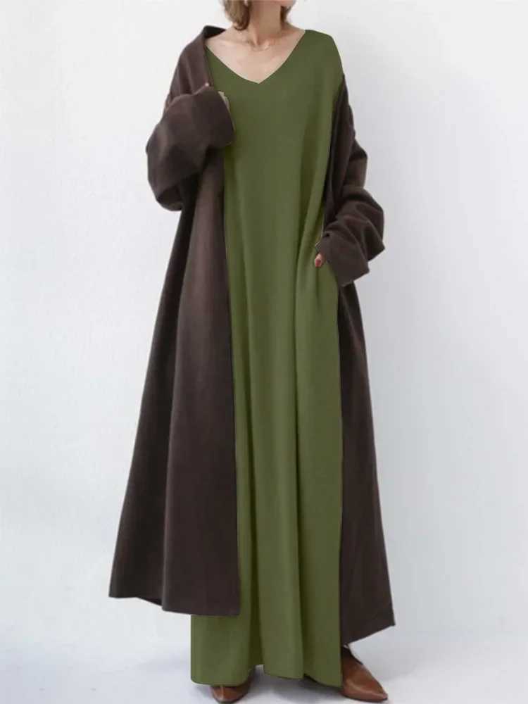 Turkey Eid Solid Muslim Hijab Dress Women Dubai Arab A-line V Neck Abaya Dresses Moroccan Kaftan Robe Islamic Clothing X250514