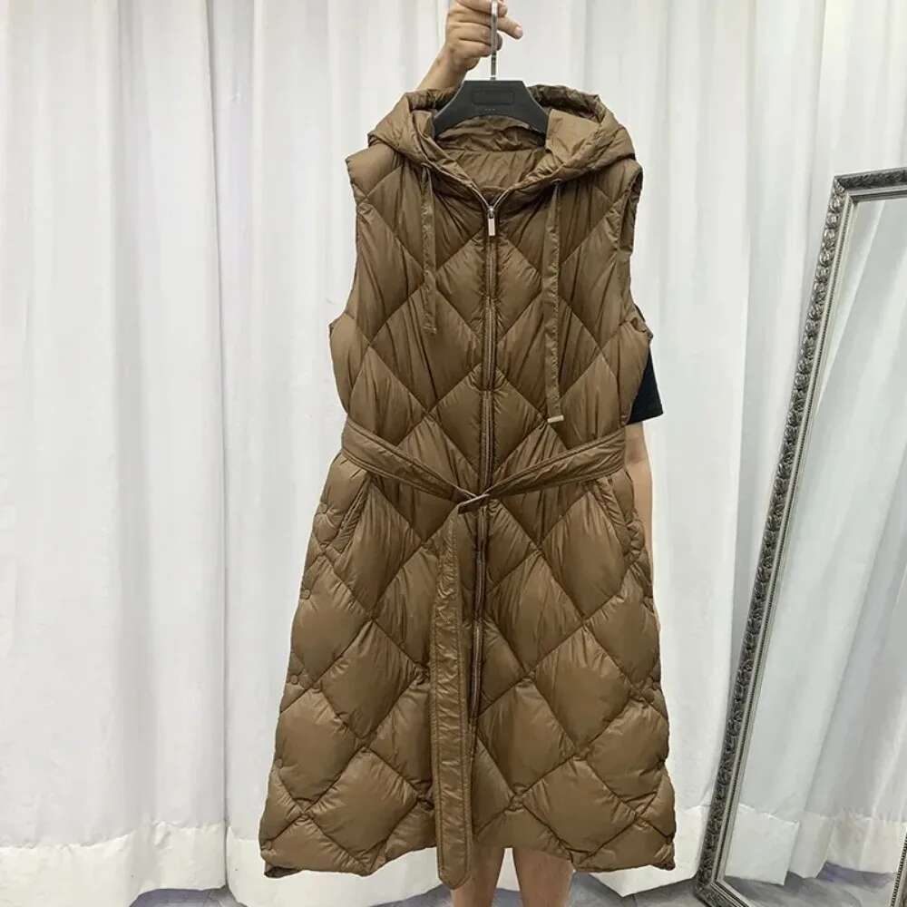 Jacket 2023 New Women Down Coat Sleeveless Vest Belted Hooded Dia Lattice Thicken Warm Puffer Waistcoat