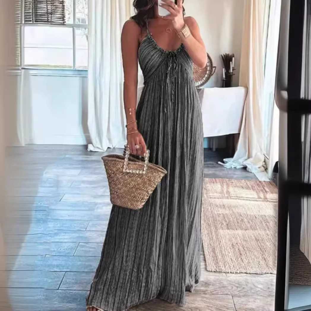 2025 Womens Summer Sexy U Neck Halter Long Party Dress Solid High Waist Pleated Maxi Dress Backless Lace-up Hollow Boho DressesXJ250514