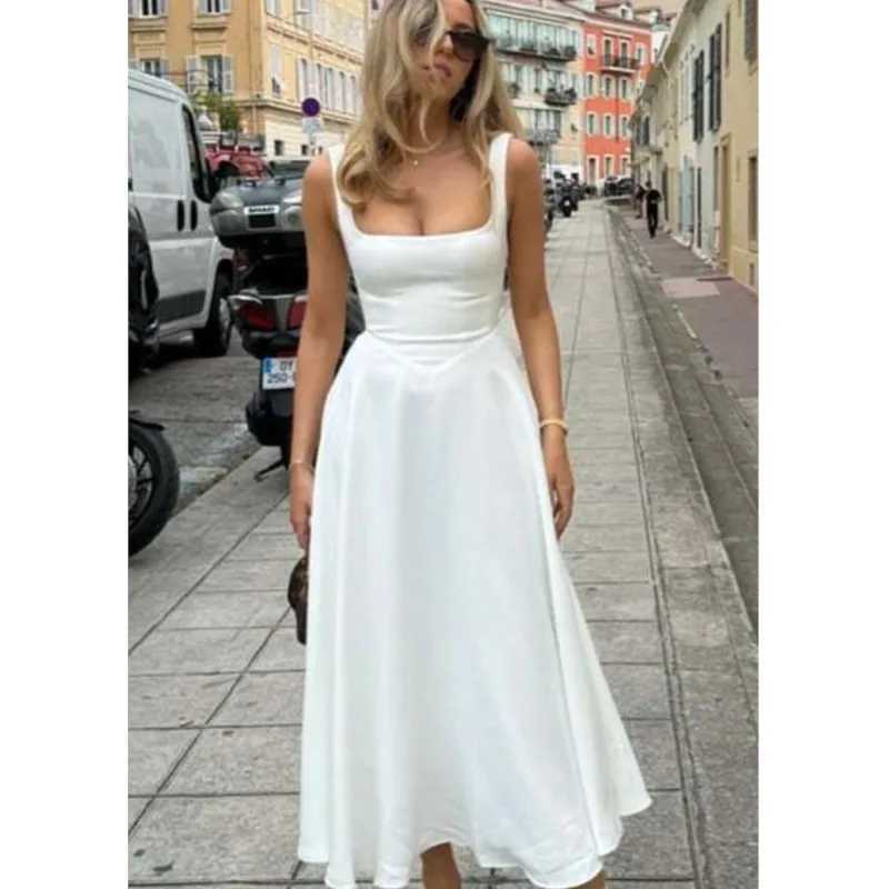 2025 Spring/Summer New Solid Navy Blue Dress Square Collar Sleeveless Waist Halter Long Dress Fashion Elegant Street Party DressXJ250514