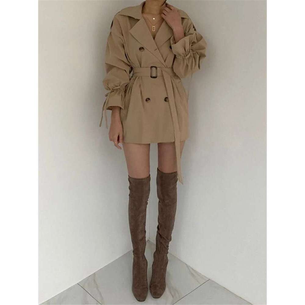 REALEFT New Autumn Winter Khaki Minimalist Women's Coat Sashes Windbreaker Loose Flare Sleeve Double Breasted Trench