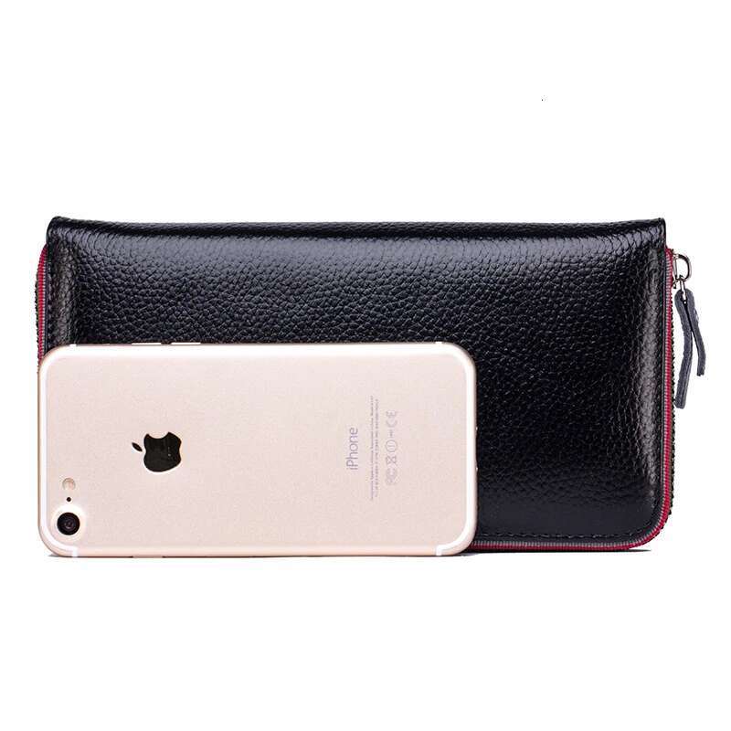 Genuine Leather Men Women Long Wallet Unisex Zipper Coin Purse Simple Design ID Credit Card Holder Phone Money Bag Solid Clutch