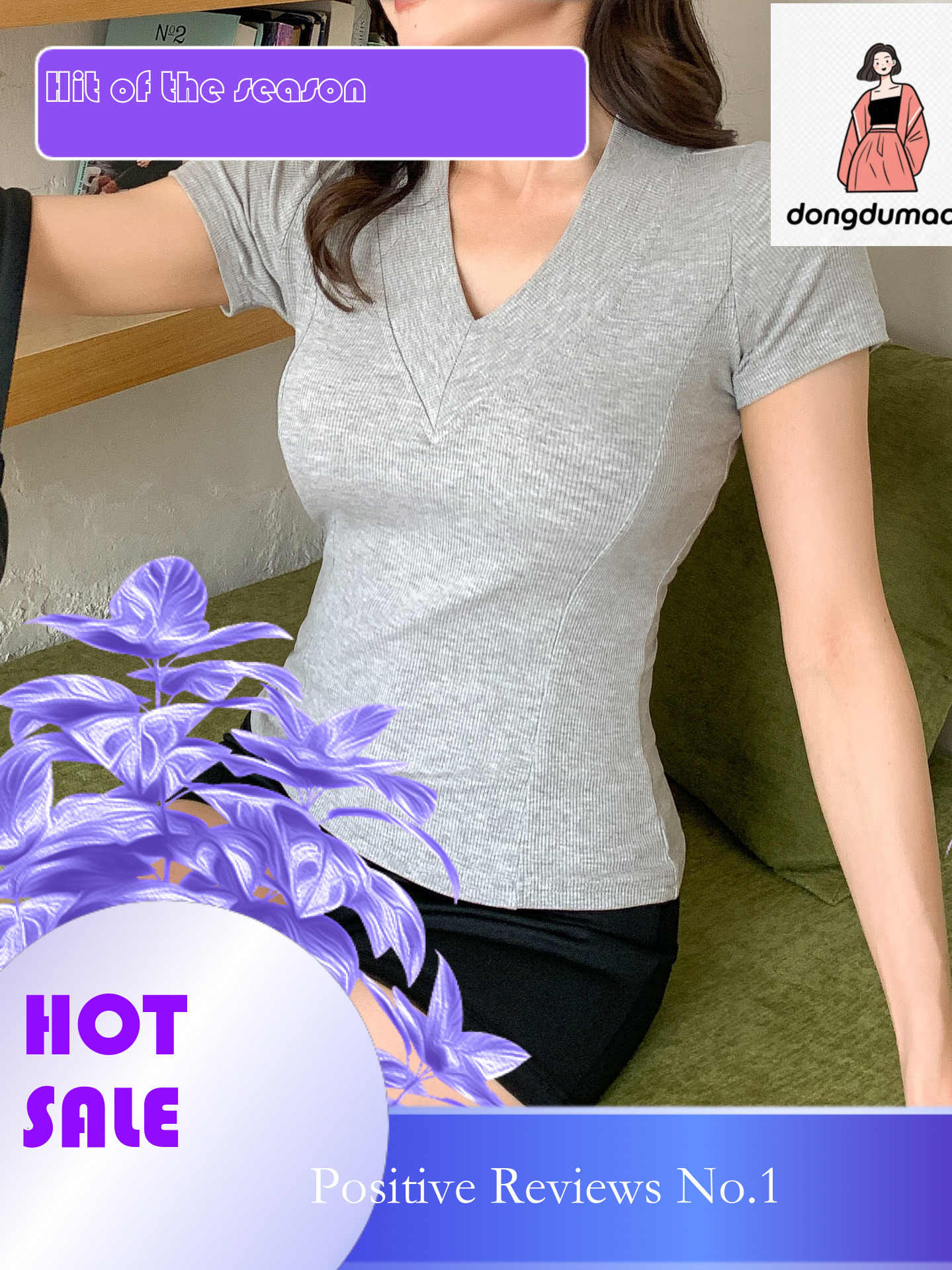 dongdumaoyi Korean solid color summer new style big V-neck T-shirt for women's design, slim fit stylish, versatile and simple short sleeved top