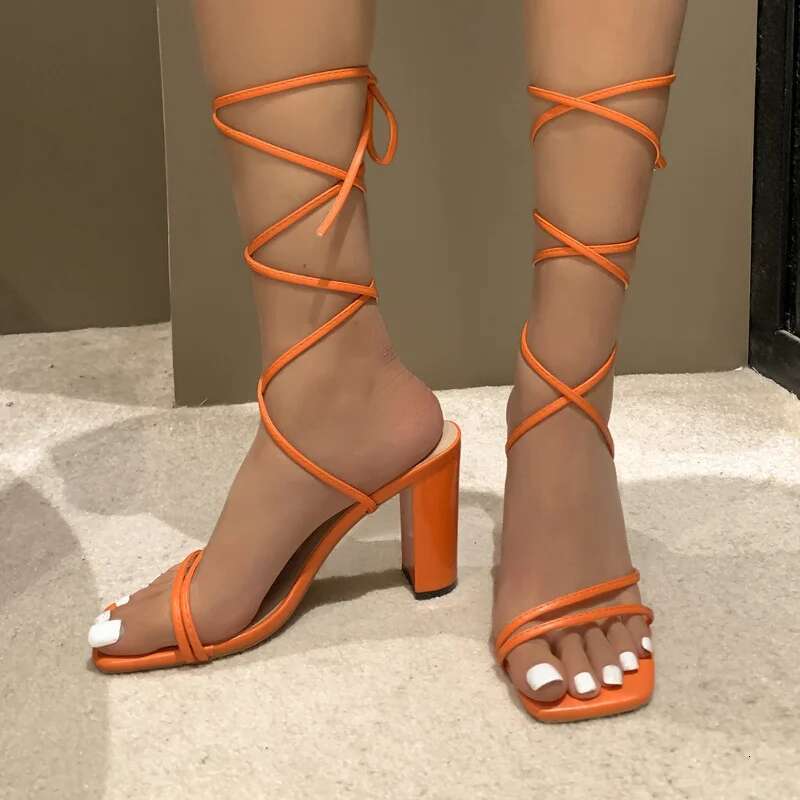 Fashion Summer Open Toe Square Hot Selg Women's High Heel Sandals Cross Lace Up Large Size Shoes