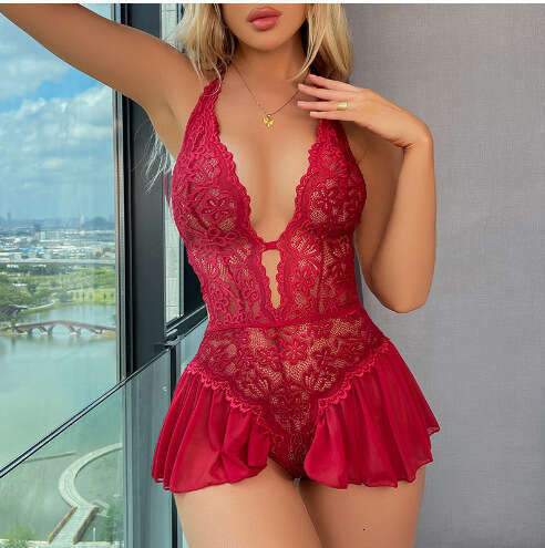 Sexy Lace Lingerie Women S Large Size Fun Underwear Transparent Lace Sexy All In One Dress Passionate Open Crotch No Take Off Women KQ