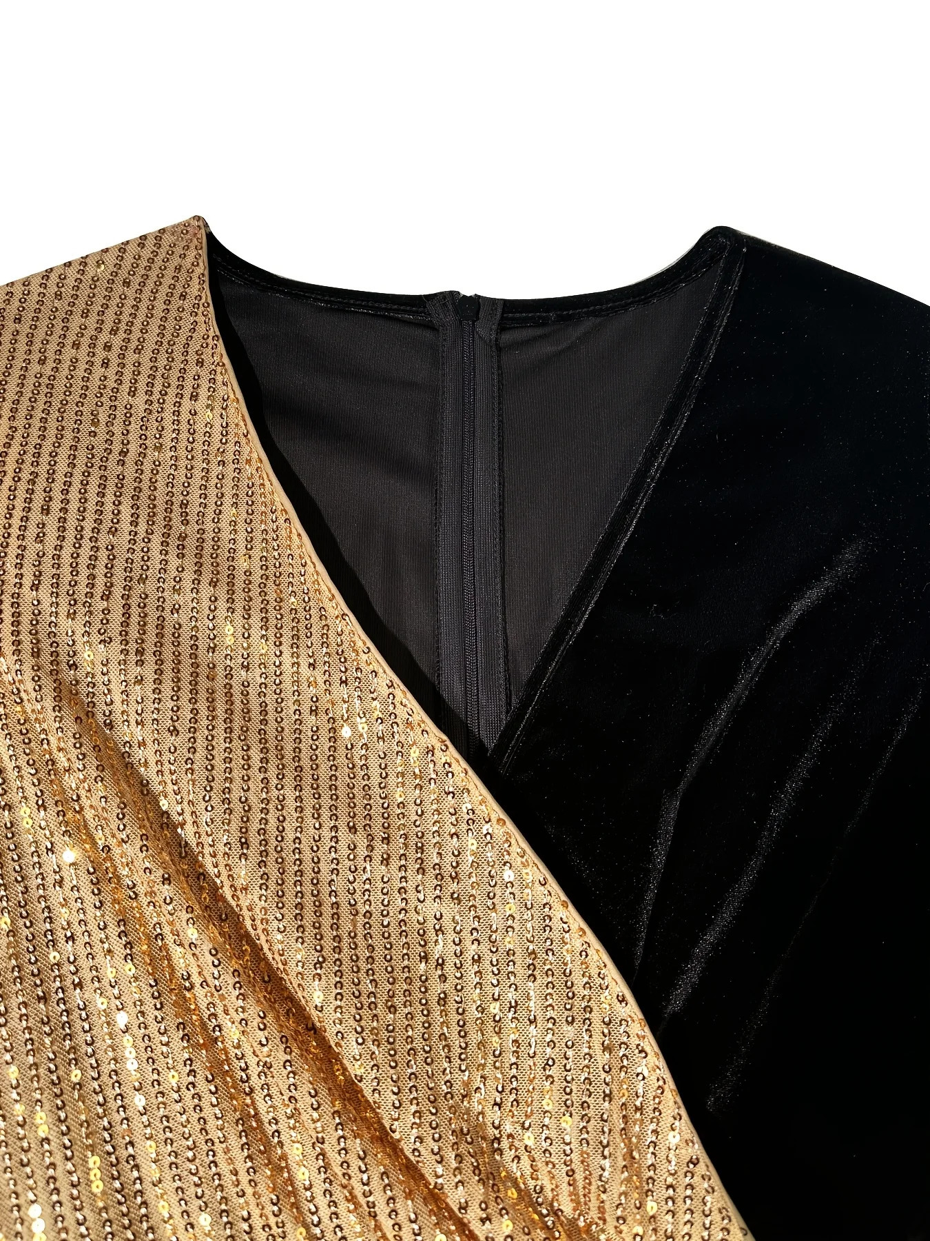 Plus Size Womens Elegant Black and Gold Sequined Maxi Dress Deep V Neck Long Sleeves Side Slits Polyester Knit Fabric 250506