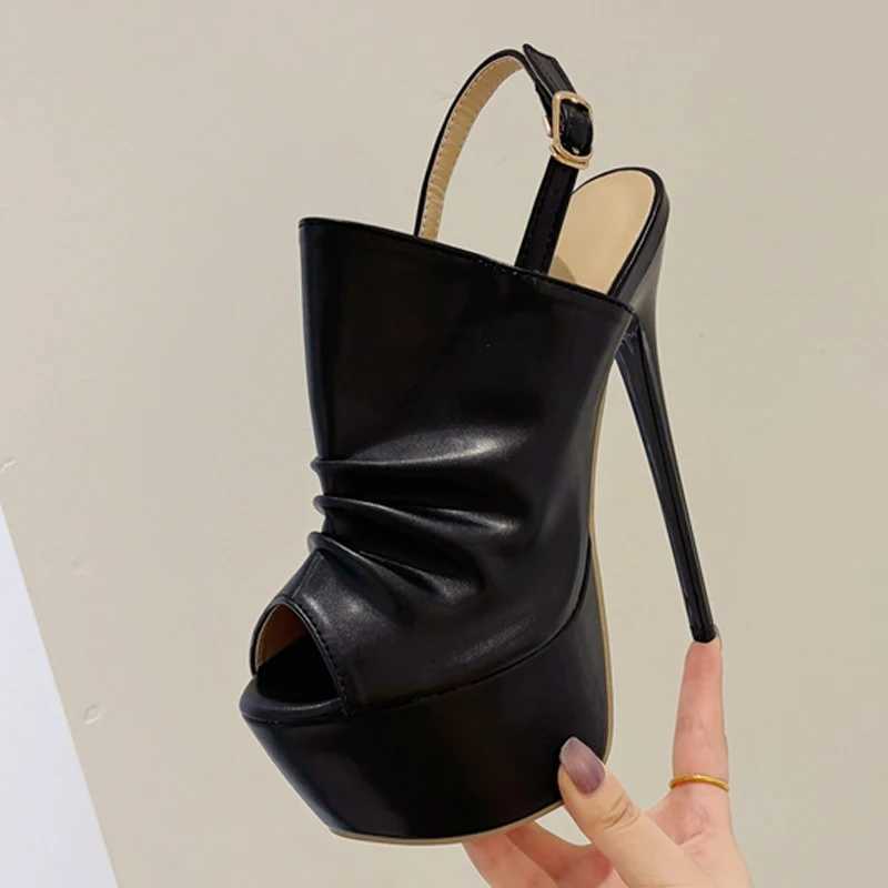 Likes Summer Cozy Pleated Leather Womens Super High Heels Platform Sandals Sexy Peep Toe Party Nightclub Stripper Shoes Black W250514