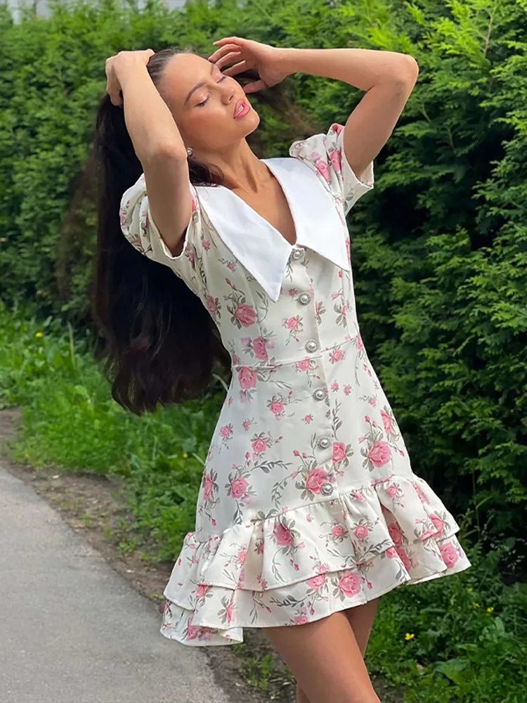 Flower Printed Lapel Mini Dress Women Casual Daily Short Sleeved V Neck Aline Fluffy Vestido Summer Holiday Robe 250514
