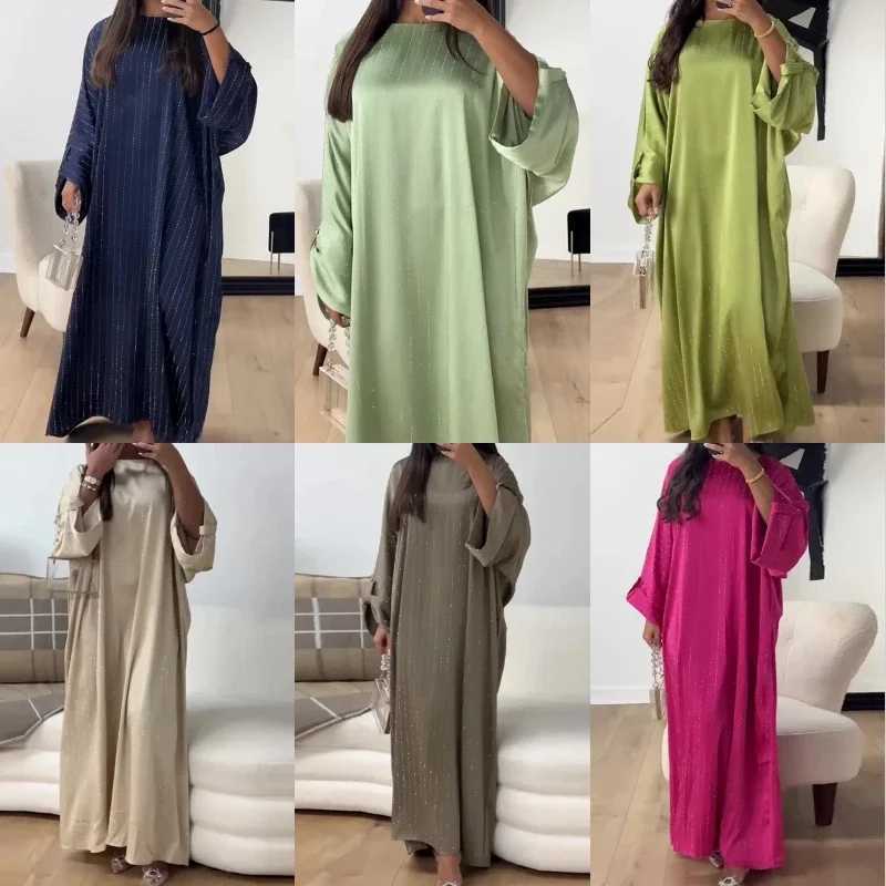 Muslim Long Slved Abaya Ladies Shiny Dress Kaftan Fashion Striped Dress Arab Women Loose Burqa Dubai Party Gown X250514