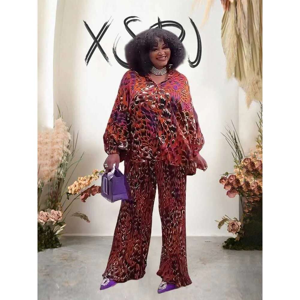 African 2 Piece Women Outfit Loose Casual Long Top Shirt and Pant Set Autumn Plus Size Matching Sets Pleated Trouser Suit