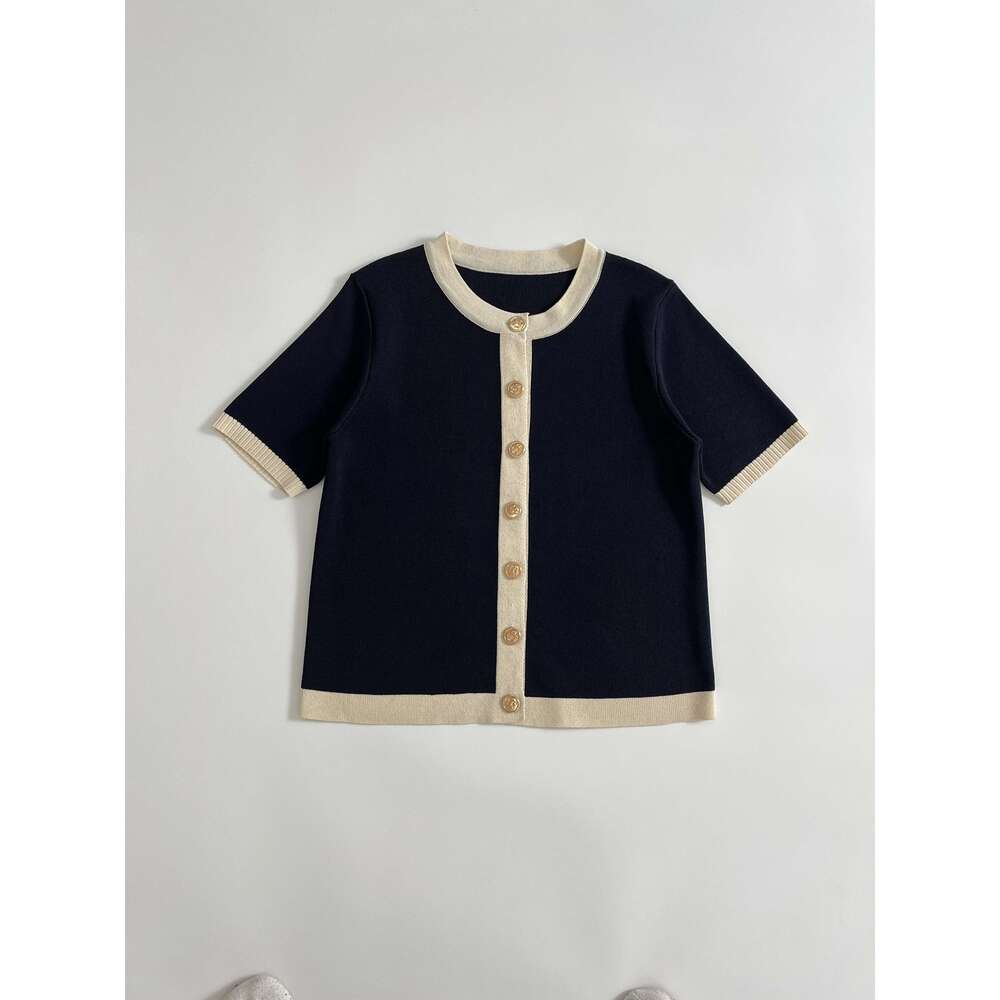European And American Style New Round Neck Single-Breasted Fashionable Versatile Short-Sleeved Knitted Sweater