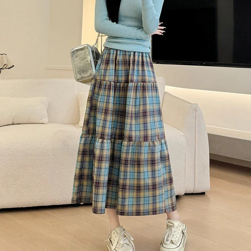 Japanese Vintage A Line Plaid Skirts Women Summer High Waist Patchwork Long Woman Midilength Umbrella Skirt Female 250514