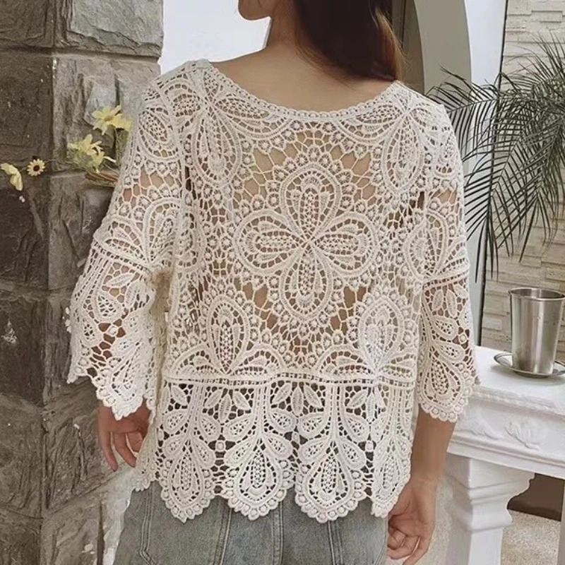 REALEFT Summer Vintage Lace Crochet Womens Blouses Half Sleeve Oneck Hollow Out Loose Shirts Short Tops for 250514