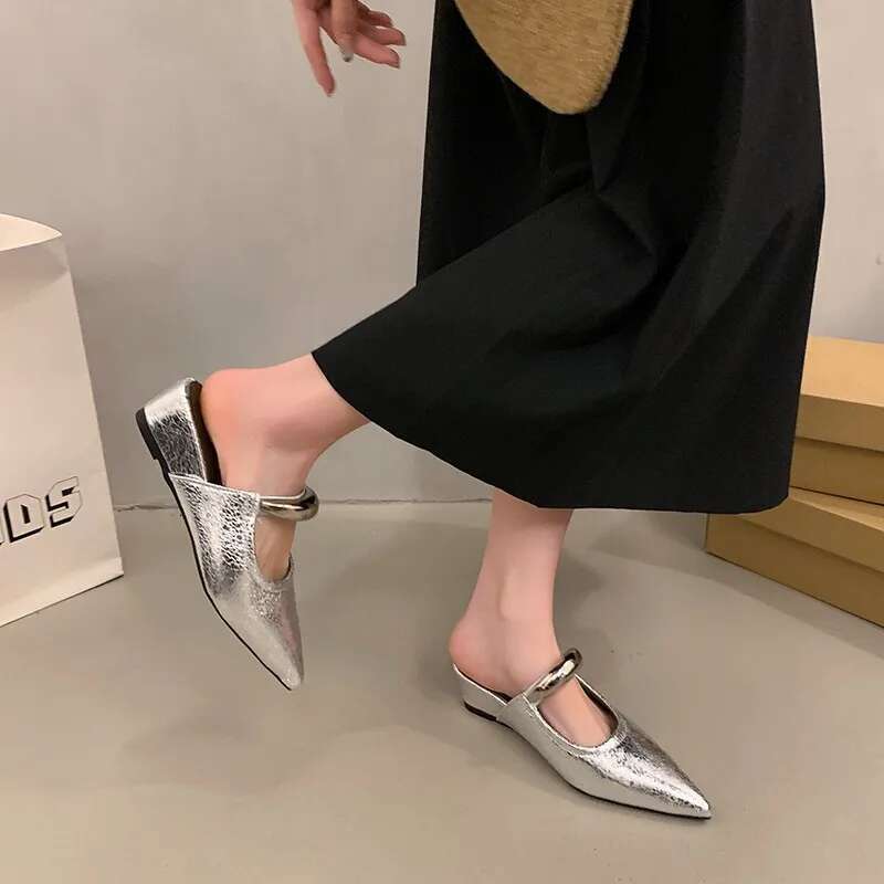 Punk Gothic Metal Buckle Low Heels Sandals Women 2025 New Pointed Toe Thick Heeled Summer Slippers Woman Platform Muller Shoes