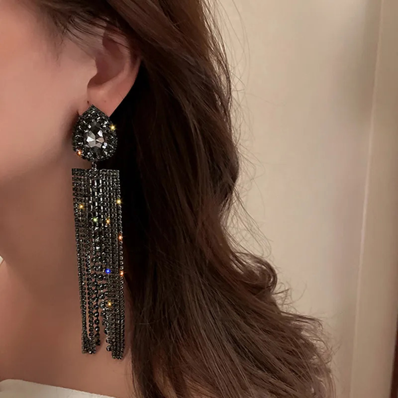 FYUAN Black Gold Color Water Drop Crystal Earrings Oversize Long Tassel Rhinestone for Women Dangle Earring Statement Jewelry 250513