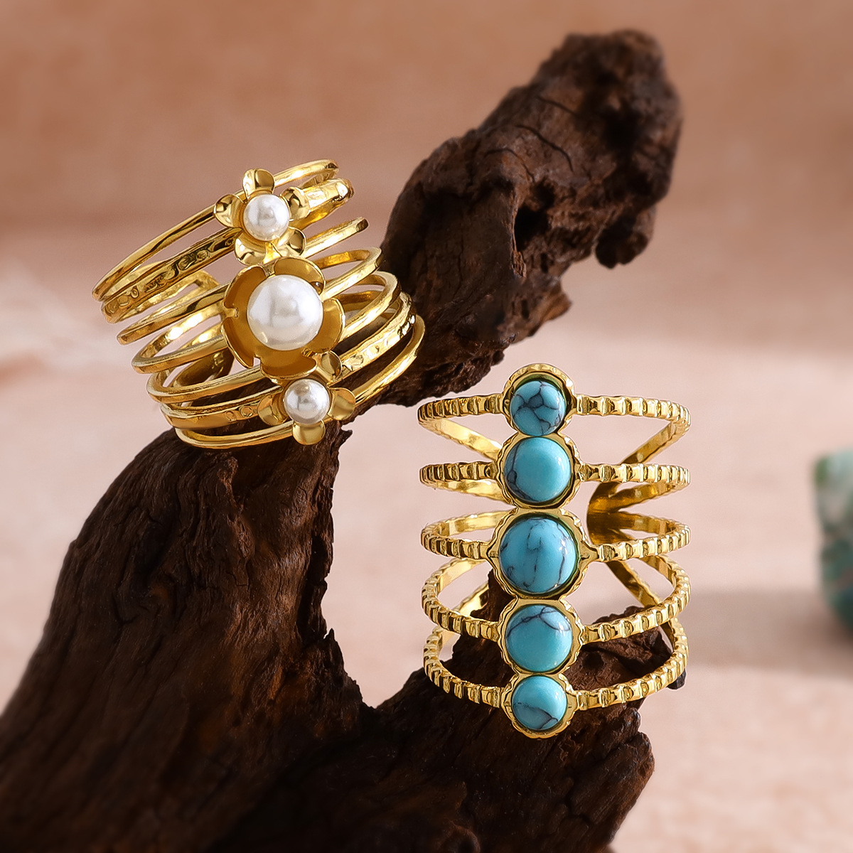 Multi-Layer Turquoise Stone Gold-Plated Adjustable Ring with Pearls, Chic and Elegant Open Design, Wholesale Fashion Jewelry