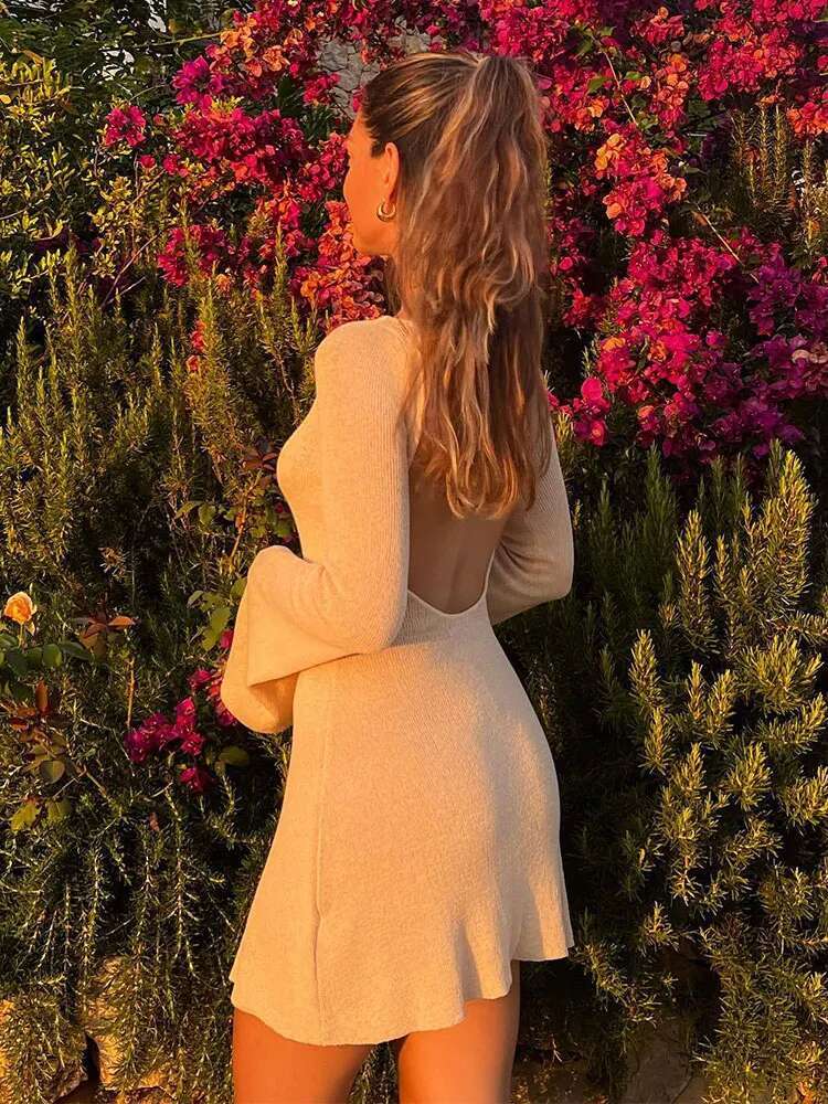 Sexy Backless Bell Sleeve Knitted Wrap Beach Mini Dress Casual Beachwear 2025 Women's Summer Swimsuit Bikini Cover-Ups A2774