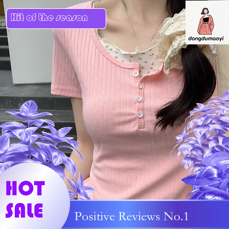 dongdumaoyi Ballet style and lace round neck short sleeved T-shirt for women in summer 2025, pure desire to slim fit, inner layer bottom top