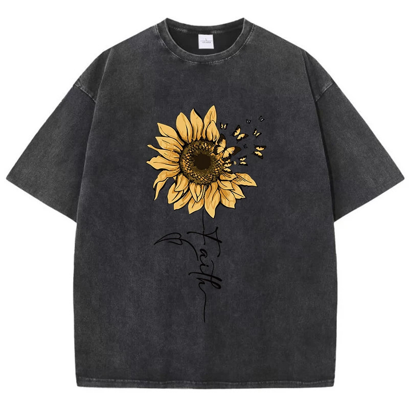 Sunflower And Butterfly Cotton Washed TShirt Women Prints Tops Summer ONeck Oversized T Shirts Vintage Black Woman Clothes 250514