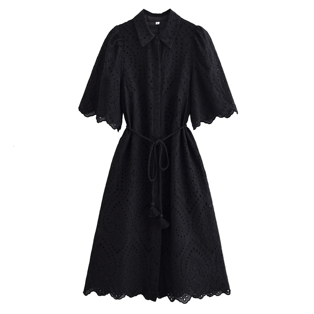 UNIZERA Womens Loose Collar Belt Flower Hollow Dress Solid Color Buckle Decoration SpringSummer Casual Wear 250514