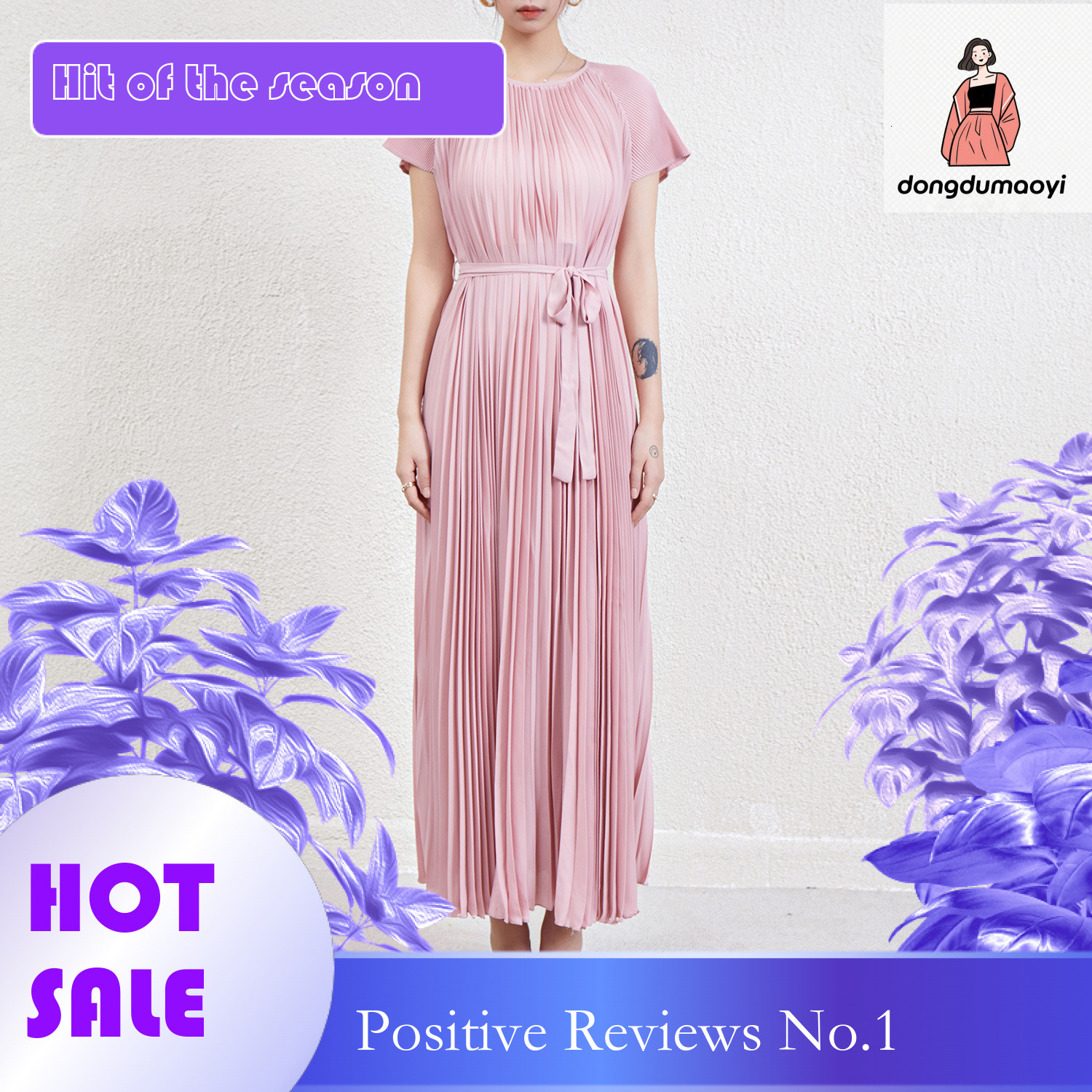 dongdumaoyi Summer haute couture dress heavy duty pleated loose plump with a slimming temperament and age reducing lace up long skirt