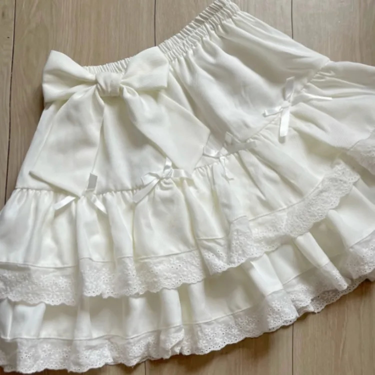 Harajuku Sweet Bow White Lace Skirt Women Y2K High Waist Ruched Cake Skirts Spring Autumn Basic Simple Layered Foldas 250514