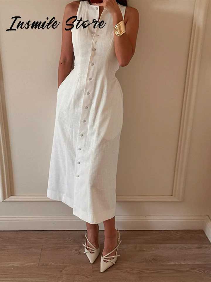 Casual Solid Lace Up Women Dress O-neck Sleeveless Single Breasted Loose Female Long Dresses 2025 Summer New Fashion Lady RobeXJ250514