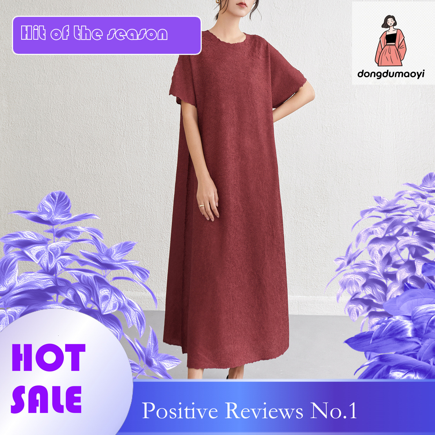 dongdumaoyi Miyake round neck plus size short sleeved A line long for women in summer wearing it outside looking fat and slim simple dress solid color