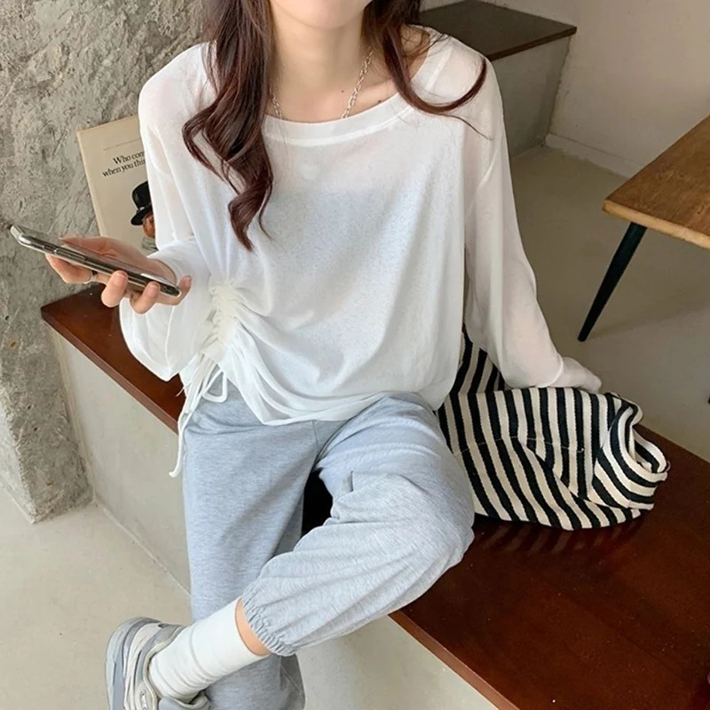 Rimocy Women Ice Silk Sunscreen T Shirts Summer Fashion Drawstring Loose Tops Woman Slightly Transparent Long Sleeve Tees Female 250514