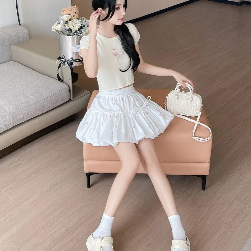 Korean Chic White Flower Bud Skirt Ladies Sweet Ballet Ball Gown Mini Woman Elastic Waist Bow LaceUp Print ALine Skirts 250514
