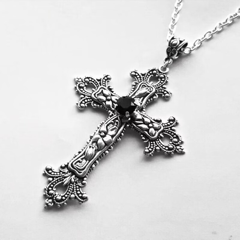 Creative Flower Pattern Cross Diamond Necklace, Gothic Style, Unique Design, Perfect for Statement Jewelry Lovers