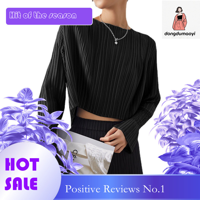 dongdumaoyi Miyake niche chic design long sleeved short top with pleats autumn style women's age reducing and stylish small shirt