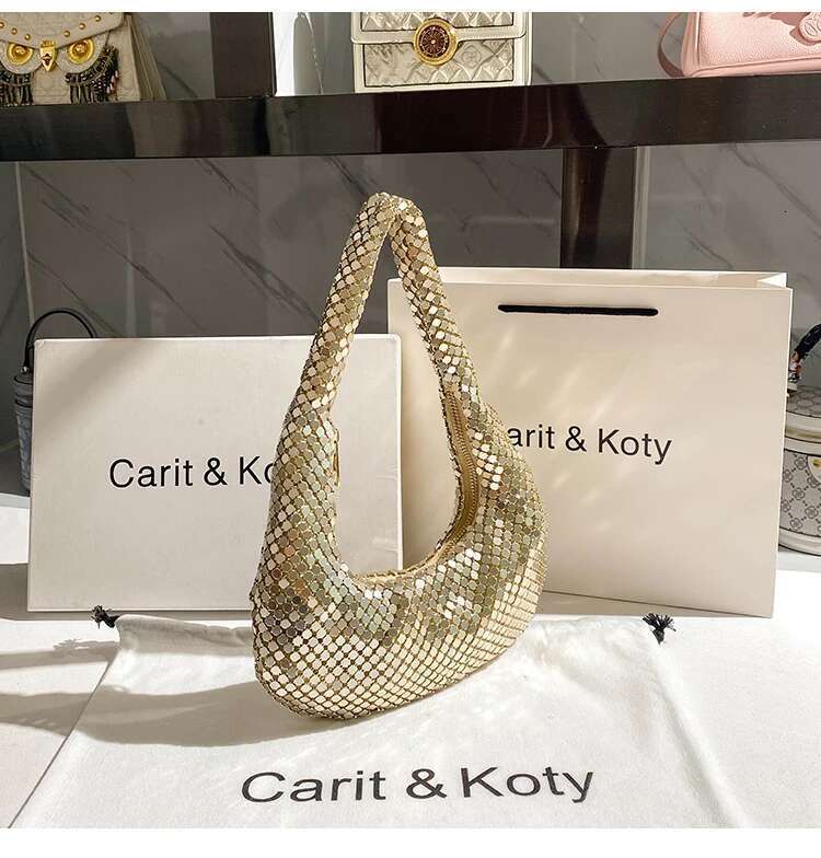 Gold Metal Mesh Shoulder Underarm Bling Shiny Sequins Evening Bag Women's Handbag Wedding Party Clutch Purse Female Armpit